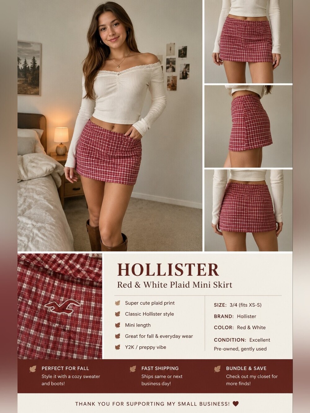 Hollister Red and White Plaid Mini Skirt